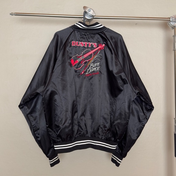 Vintage Black Satin Bomber Jacket Embroidered Dusty’s Barn Dance Gramps - Picture 1 of 12